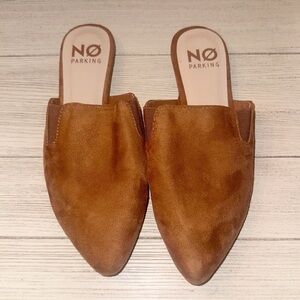 No Parking tan suede mules